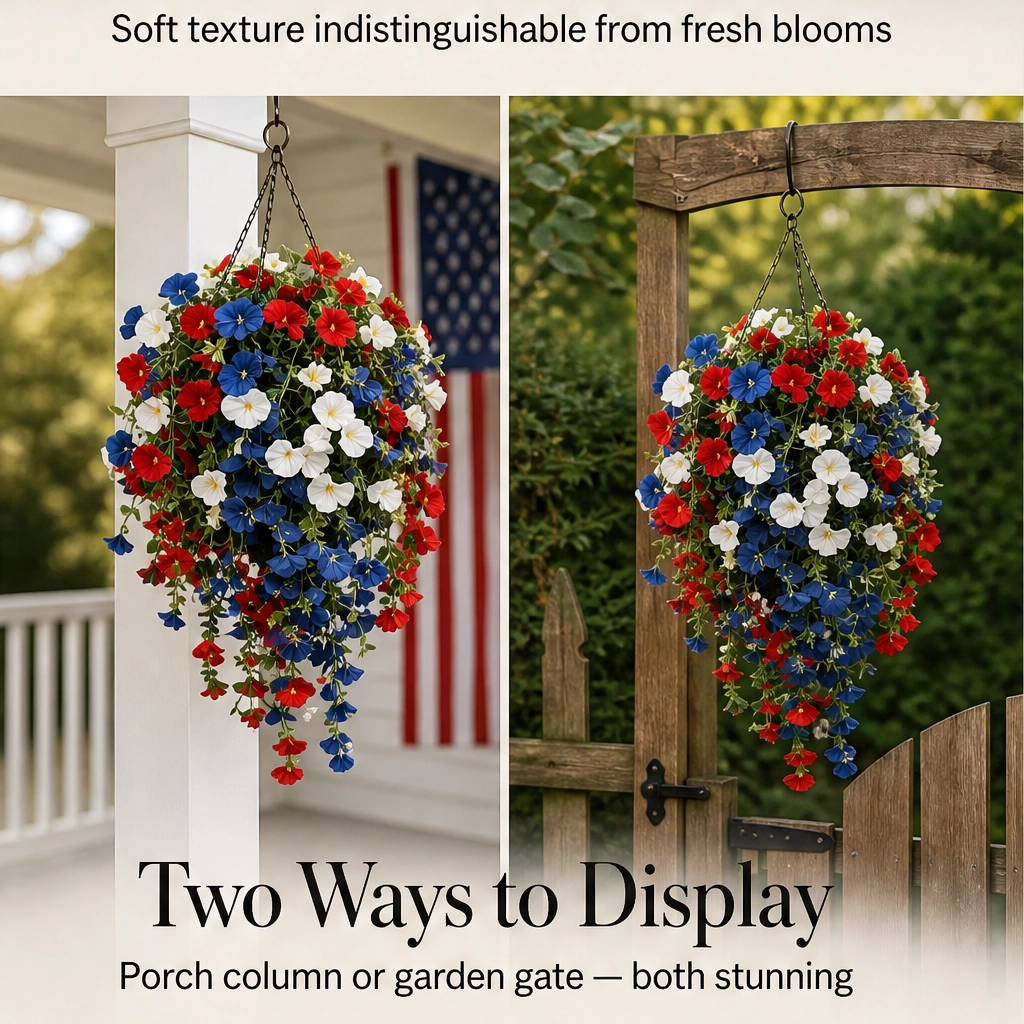 Bunting &amp; Bloom™ – Patriotic LED Hanging Flower Basket with Remote-Controlled Lights &amp; Mini American Flags + 50% OFF