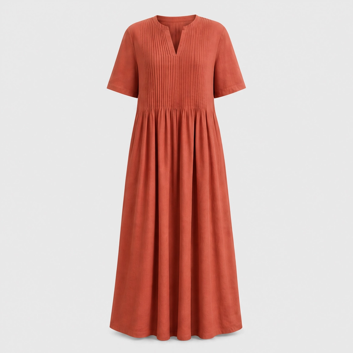 Lindelle™ – Pleated V-Neck Flowy Maxi Dress with Pockets + 50% OFF