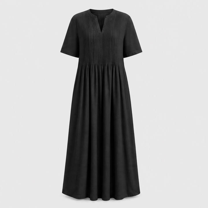 Lindelle™ – Pleated V-Neck Flowy Maxi Dress with Pockets + 50% OFF