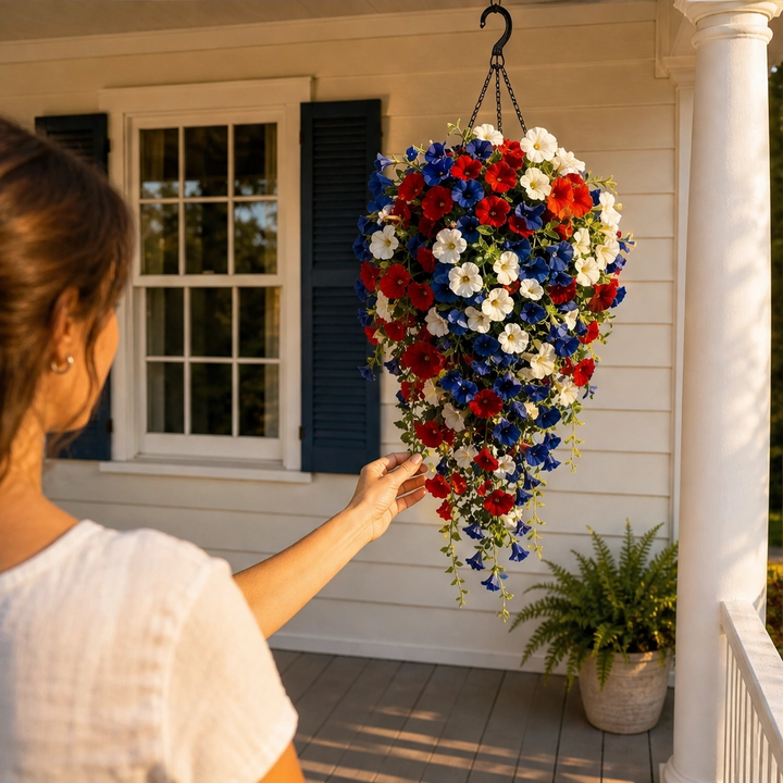 Bunting &amp; Bloom™ – Patriotic LED Hanging Flower Basket with Remote-Controlled Lights &amp; Mini American Flags + 50% OFF