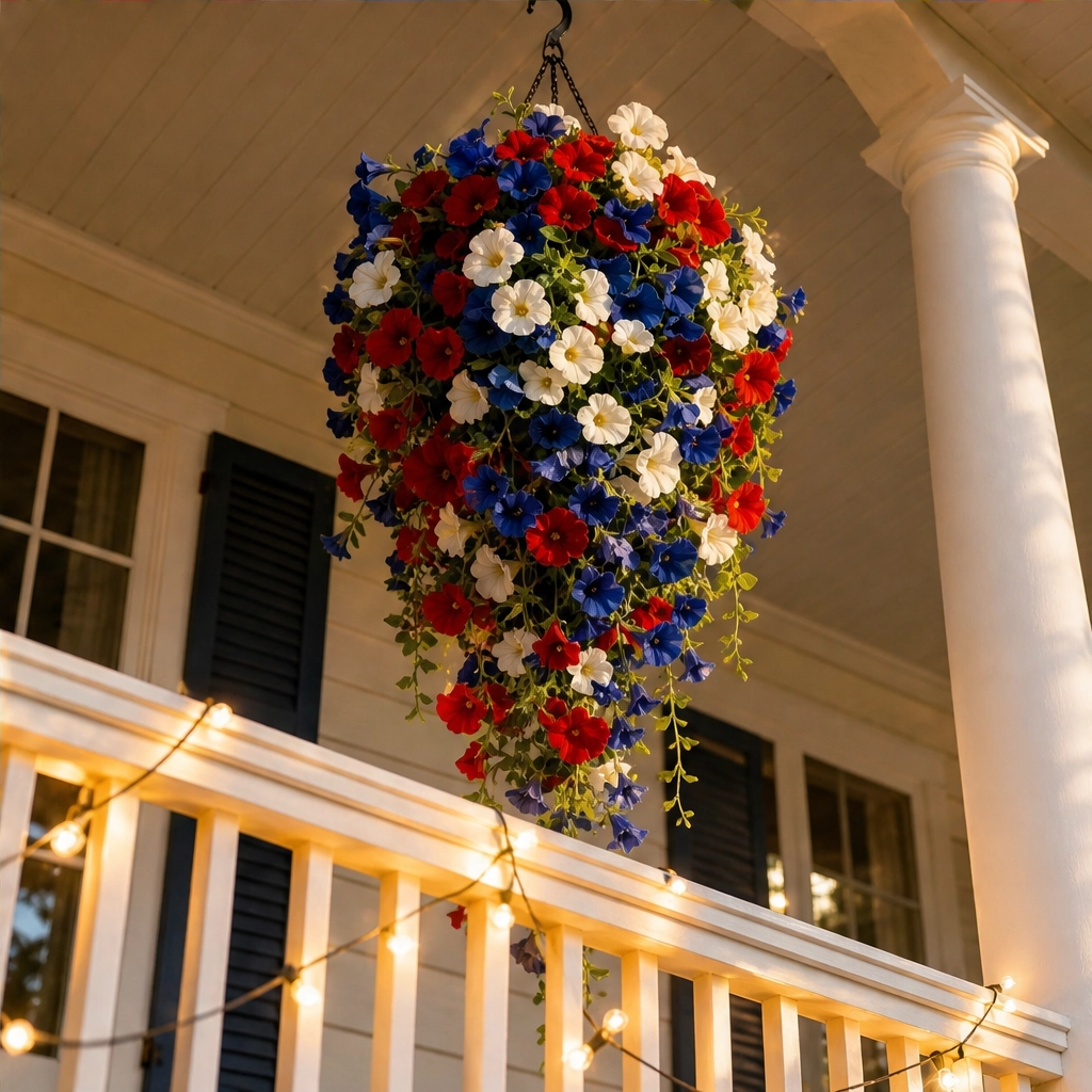 Bunting &amp; Bloom™ – Patriotic LED Hanging Flower Basket with Remote-Controlled Lights &amp; Mini American Flags + 50% OFF