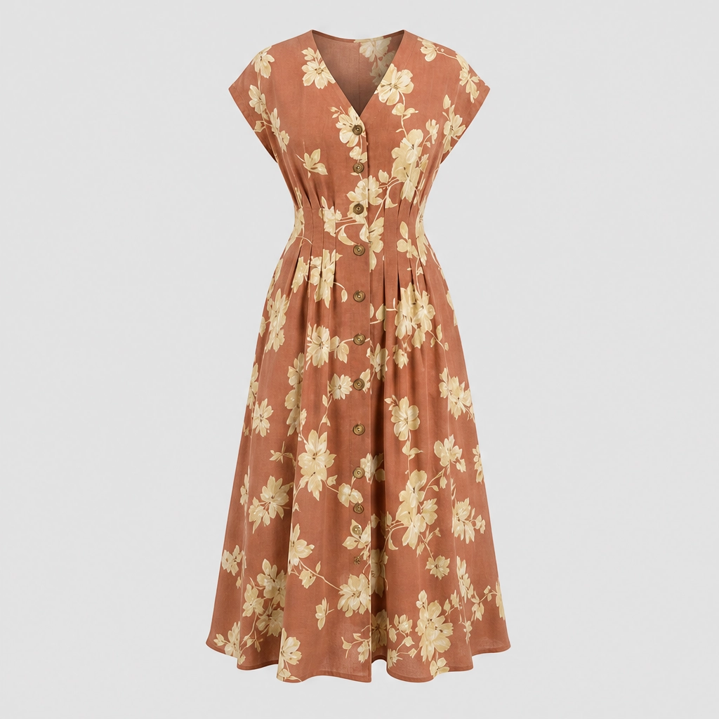 Verbena™ – Floral V-Neck Button-Down Pleated Midi Dress + 50% OFF