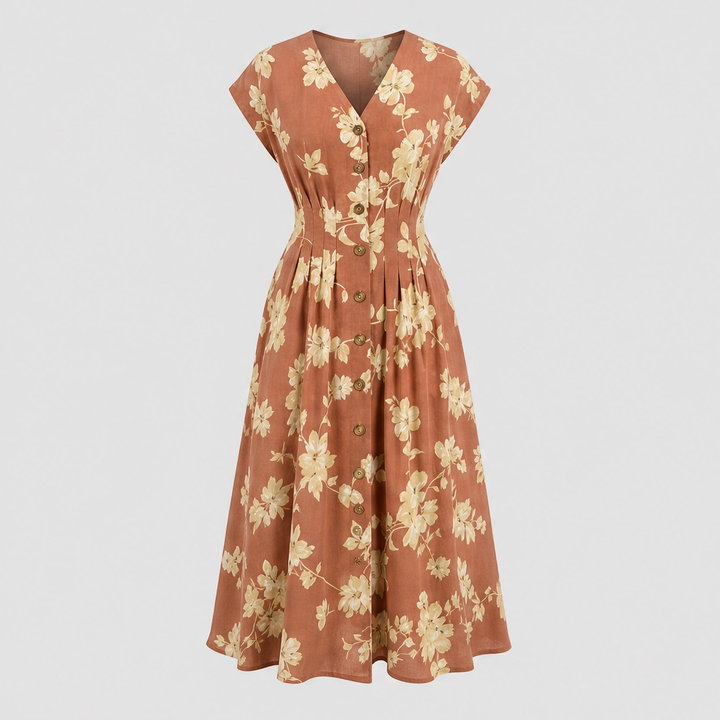 Verbena™ – Floral V-Neck Button-Down Pleated Midi Dress + 50% OFF