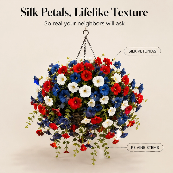 Bunting &amp; Bloom™ – Patriotic LED Hanging Flower Basket with Remote-Controlled Lights &amp; Mini American Flags + 50% OFF