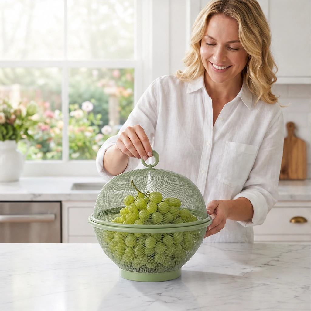 Larder™ – Breathable Mesh Fruit Basket with Dome Lid &amp; Built-In Colander + 50% OFF