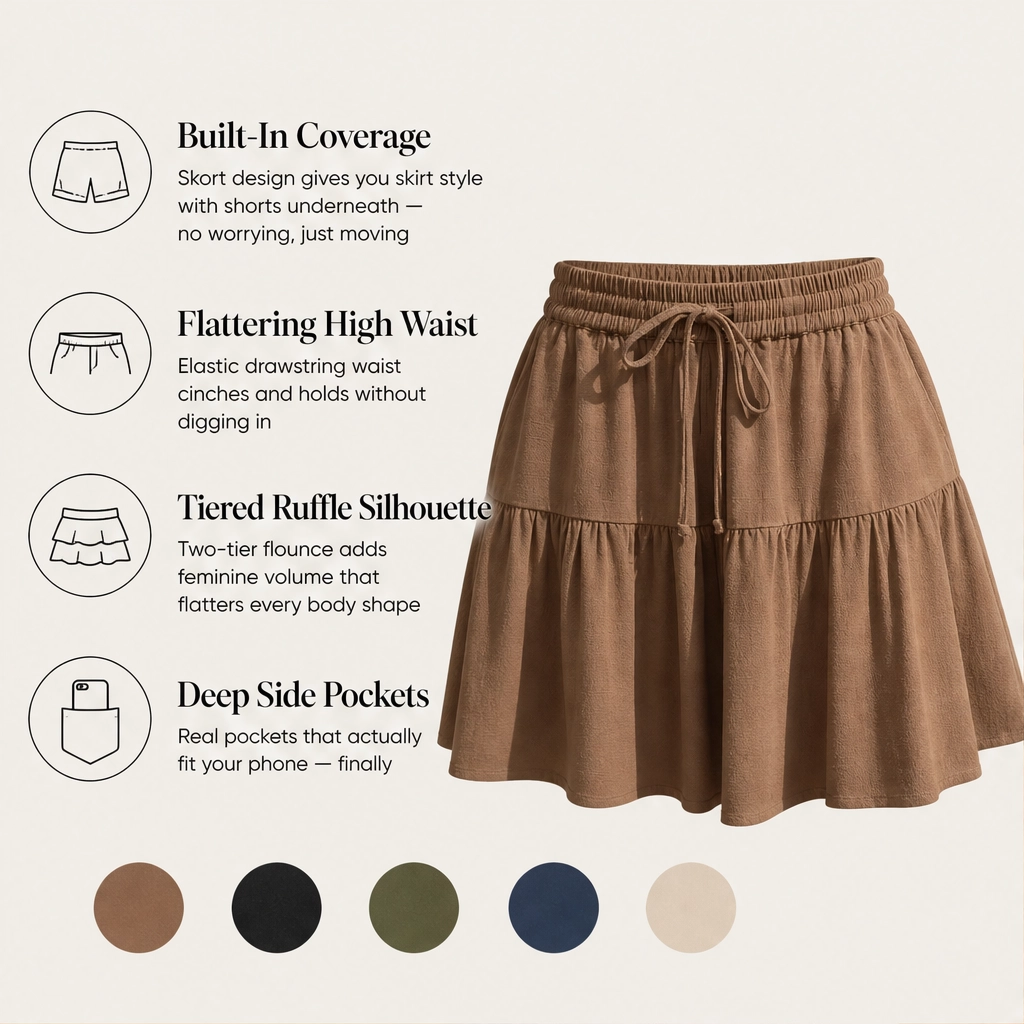 Swayla – High-Waist Drawstring Tiered Skort with Built-In Shorts &amp; Pockets + 50% OFF