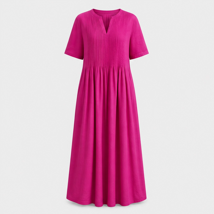 Lindelle™ – Pleated V-Neck Flowy Maxi Dress with Pockets + 50% OFF