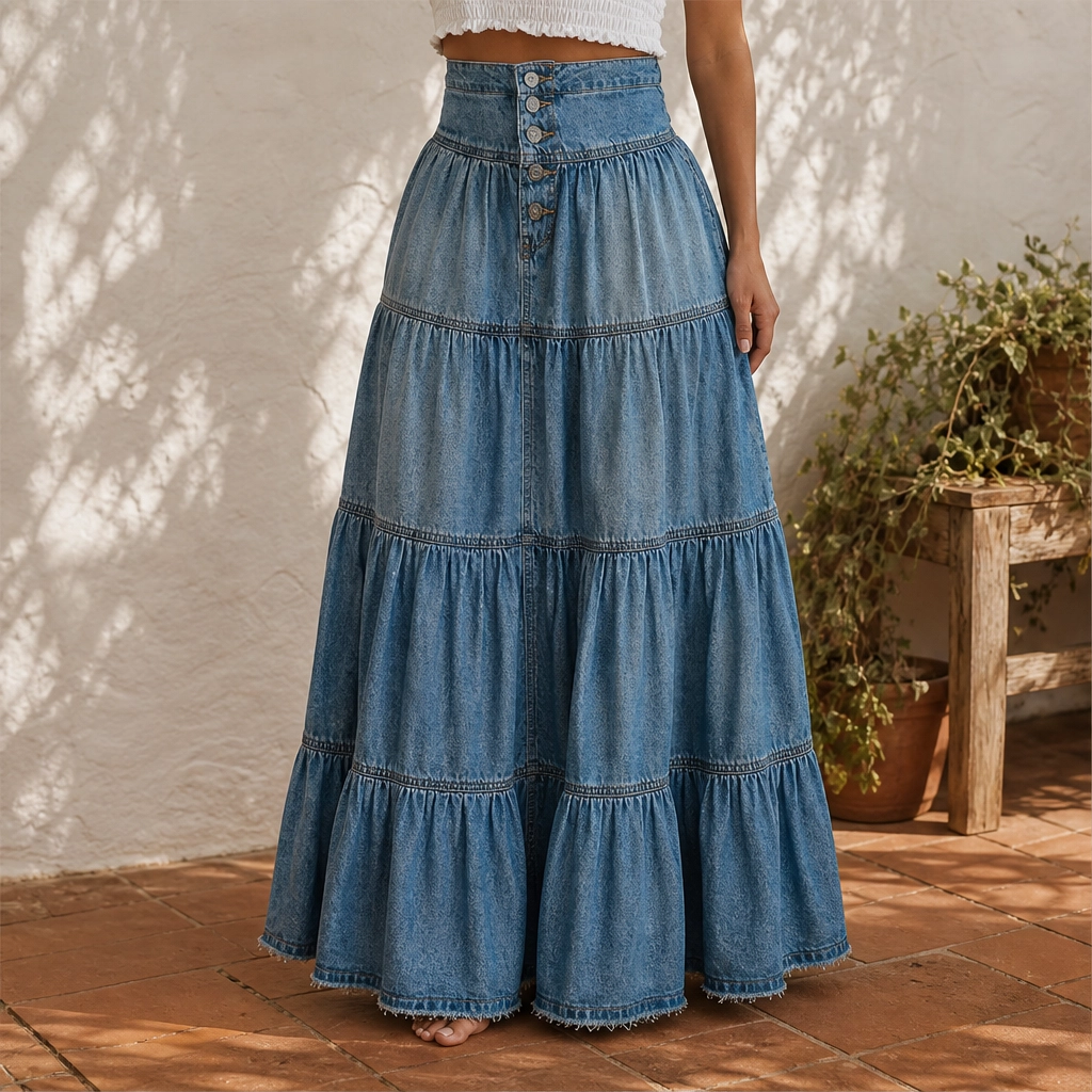 Willowdrift™ – High-Waisted Tiered A-Line Boho Denim Maxi Skirt + 50% OFF
