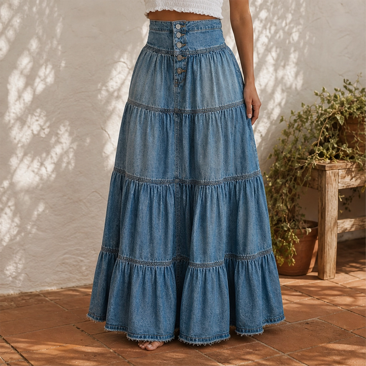 Willowdrift™ – High-Waisted Tiered A-Line Boho Denim Maxi Skirt + 50% OFF