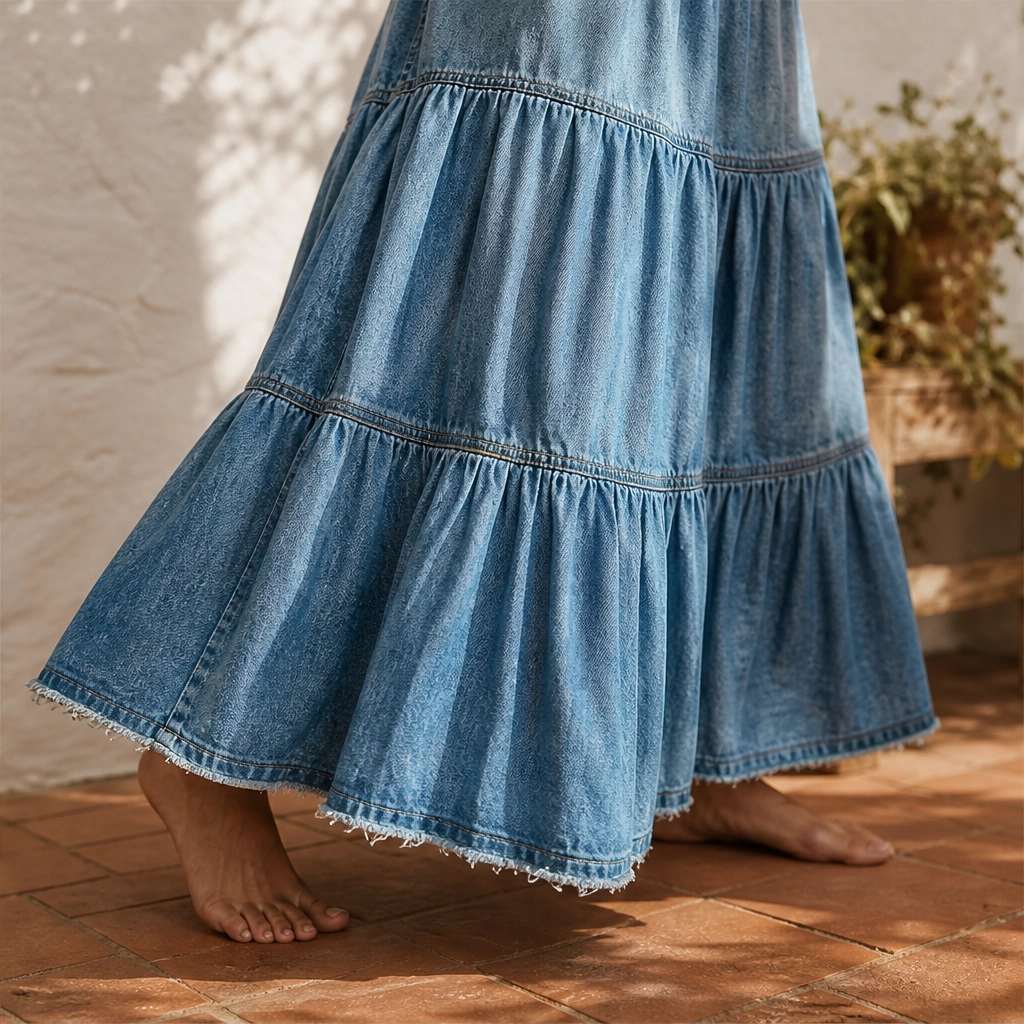 Willowdrift™ – High-Waisted Tiered A-Line Boho Denim Maxi Skirt + 50% OFF