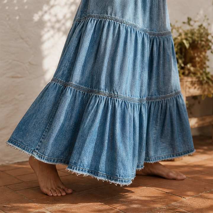 Willowdrift™ – High-Waisted Tiered A-Line Boho Denim Maxi Skirt + 50% OFF