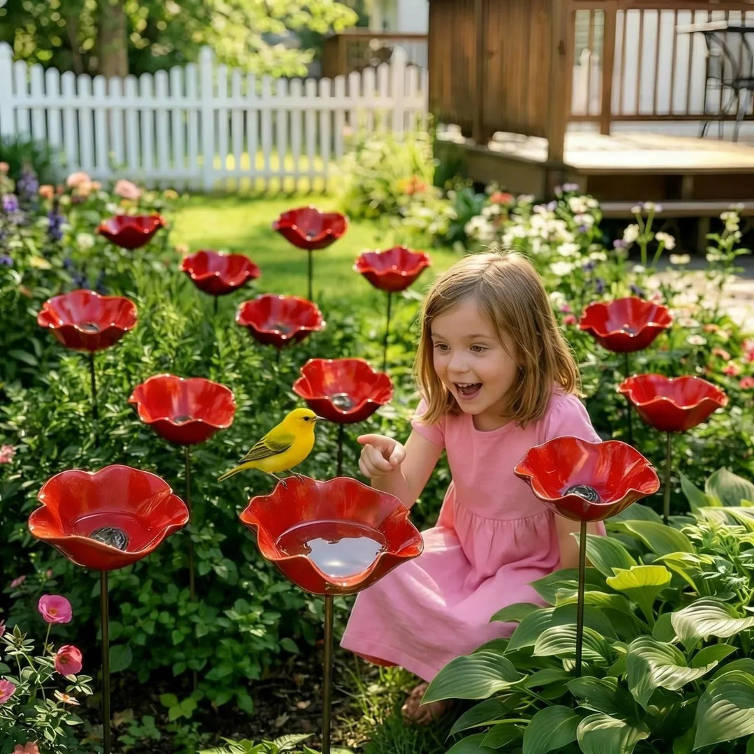 Briarcroft™ – Handcrafted Metal Poppy Garden Stake with Bird Bath Bowl + 50% OFF
