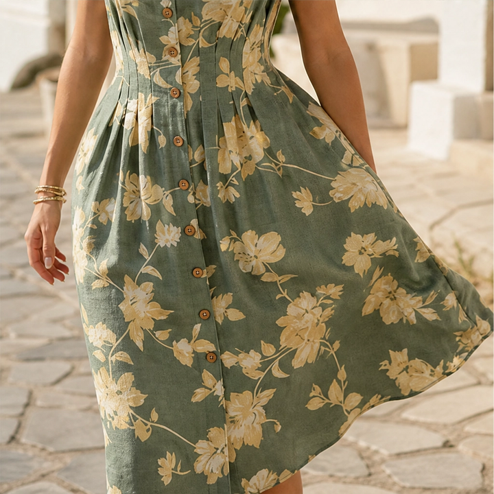Verbena™ – Floral V-Neck Button-Down Pleated Midi Dress + 50% OFF