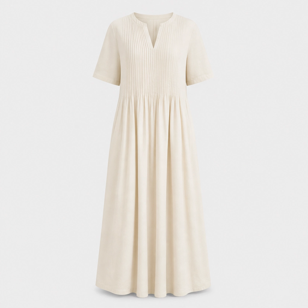Lindelle™ – Pleated V-Neck Flowy Maxi Dress with Pockets + 50% OFF