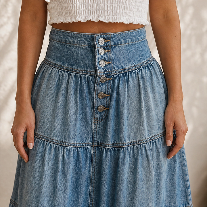 Willowdrift™ – High-Waisted Tiered A-Line Boho Denim Maxi Skirt + 50% OFF