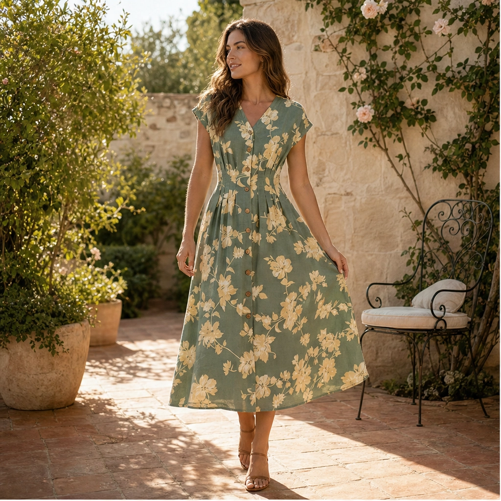 Verbena™ – Floral V-Neck Button-Down Pleated Midi Dress + 50% OFF