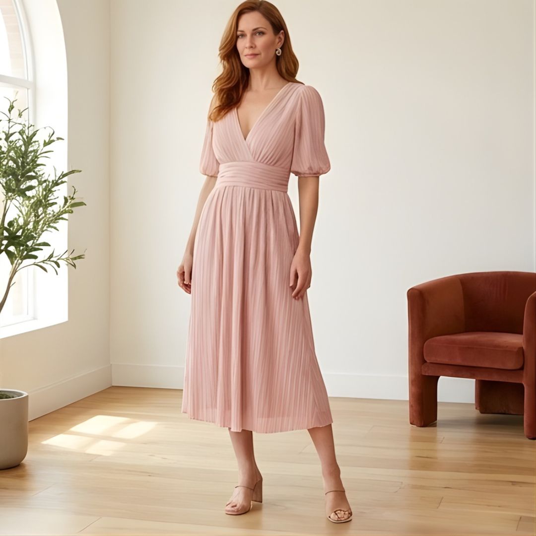 Plissé™ – Ruched Waist Puff Sleeve Midi Dress | V-Neck Flowing Fabric for Women + 50% OFF