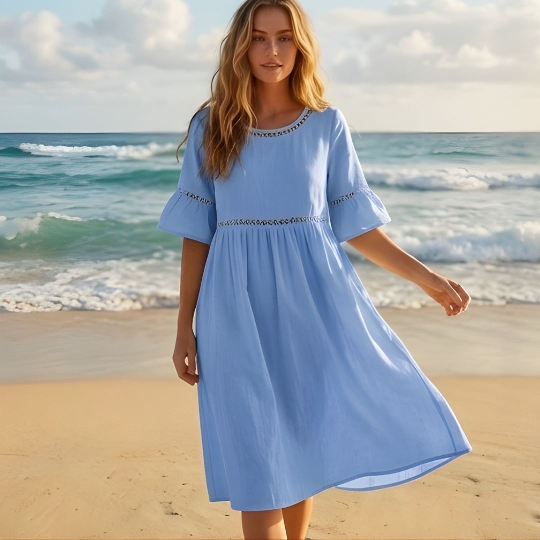 Gossamer™ – Eyelet Lace Cotton Linen Midi Dress with Pockets + 50% OFF