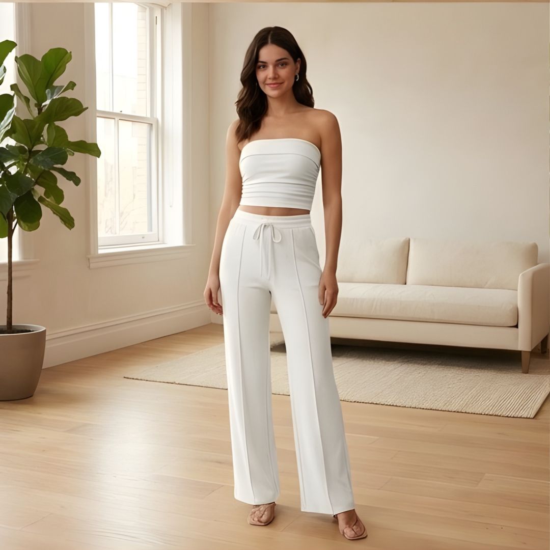 Riveaux™ – Ribbed Strapless Crop Top &amp; Wide-Leg Pants Matching Set + 50% OFF