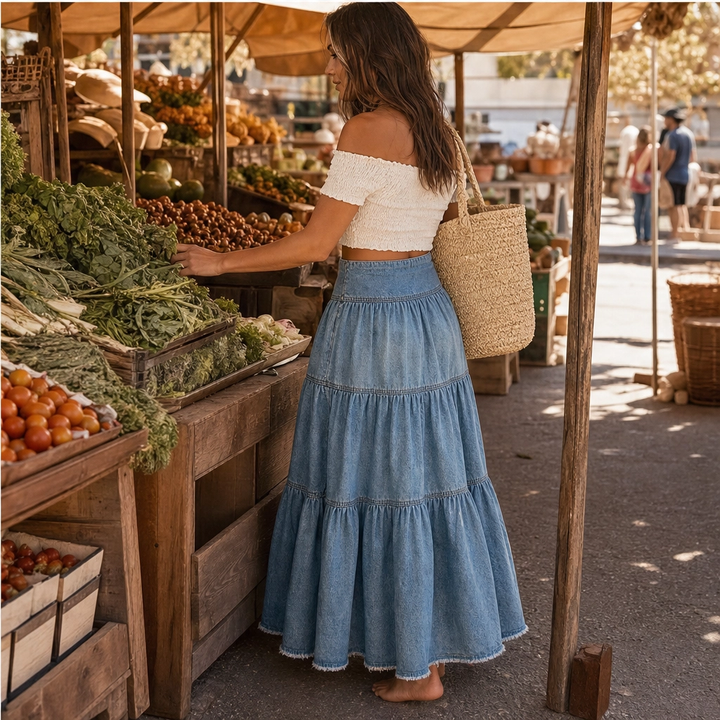 Willowdrift™ – High-Waisted Tiered A-Line Boho Denim Maxi Skirt + 50% OFF