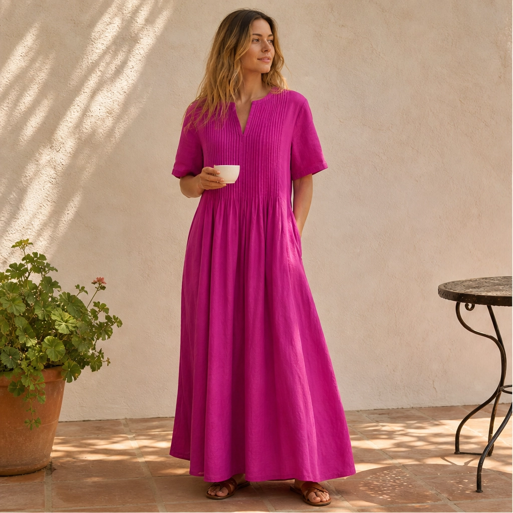 Lindelle™ – Pleated V-Neck Flowy Maxi Dress with Pockets + 50% OFF