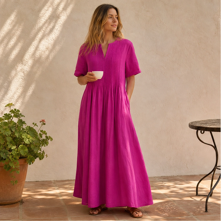 Lindelle™ – Pleated V-Neck Flowy Maxi Dress with Pockets + 50% OFF
