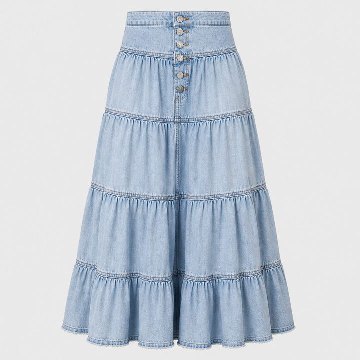 Willowdrift™ – High-Waisted Tiered A-Line Boho Denim Maxi Skirt + 50% OFF