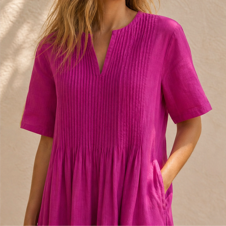 Lindelle™ – Pleated V-Neck Flowy Maxi Dress with Pockets + 50% OFF