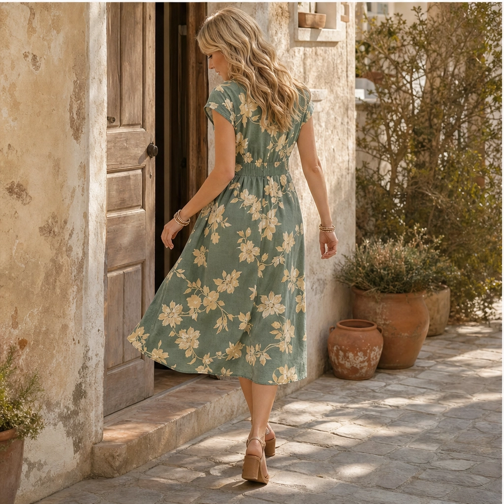Verbena™ – Floral V-Neck Button-Down Pleated Midi Dress + 50% OFF