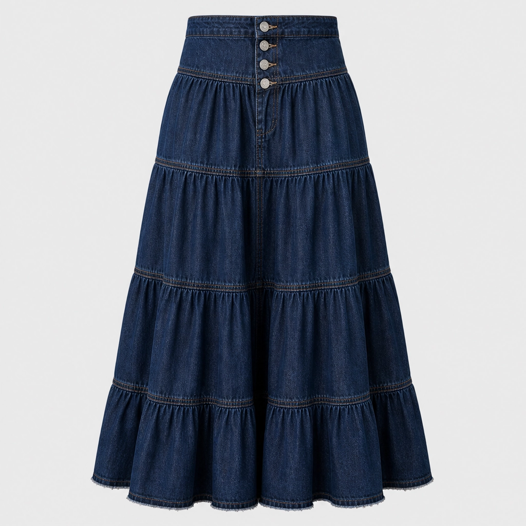 Willowdrift™ – High-Waisted Tiered A-Line Boho Denim Maxi Skirt + 50% OFF