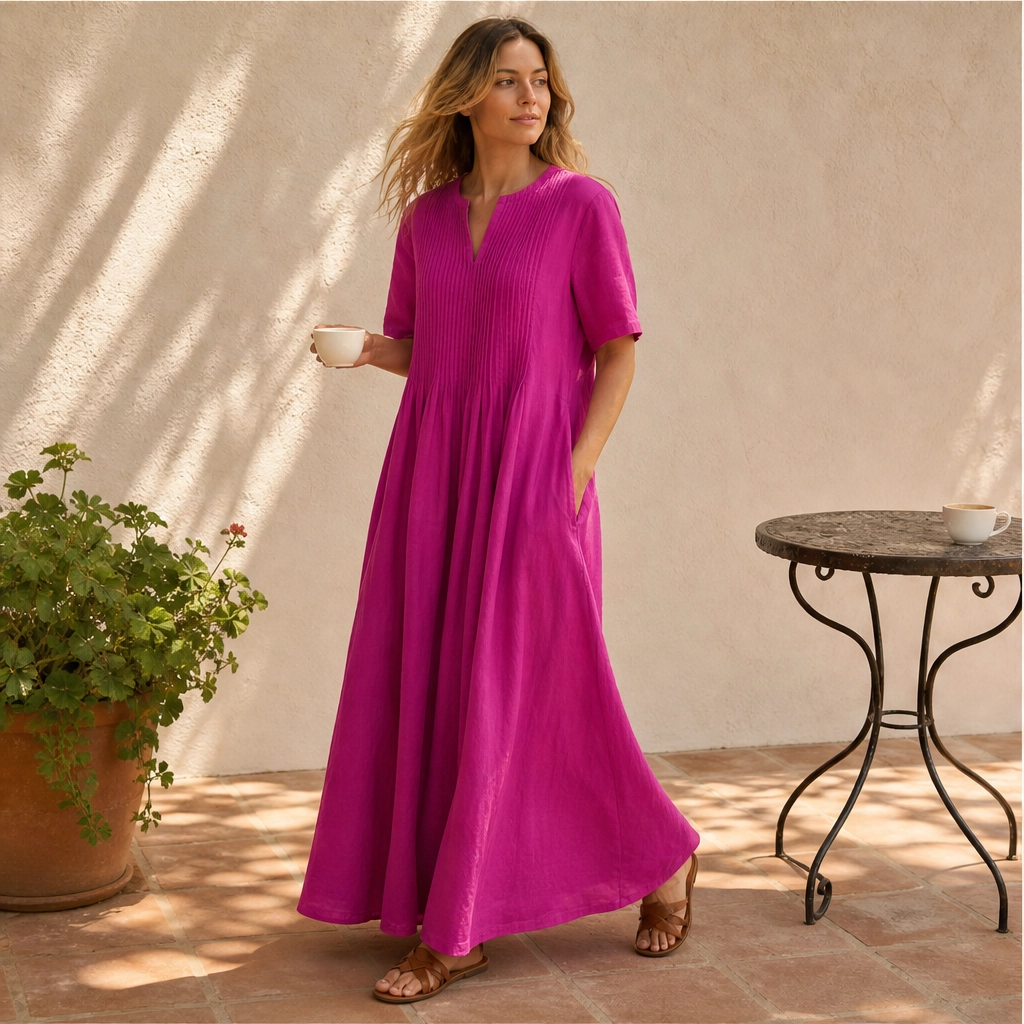 Lindelle™ – Pleated V-Neck Flowy Maxi Dress with Pockets + 50% OFF