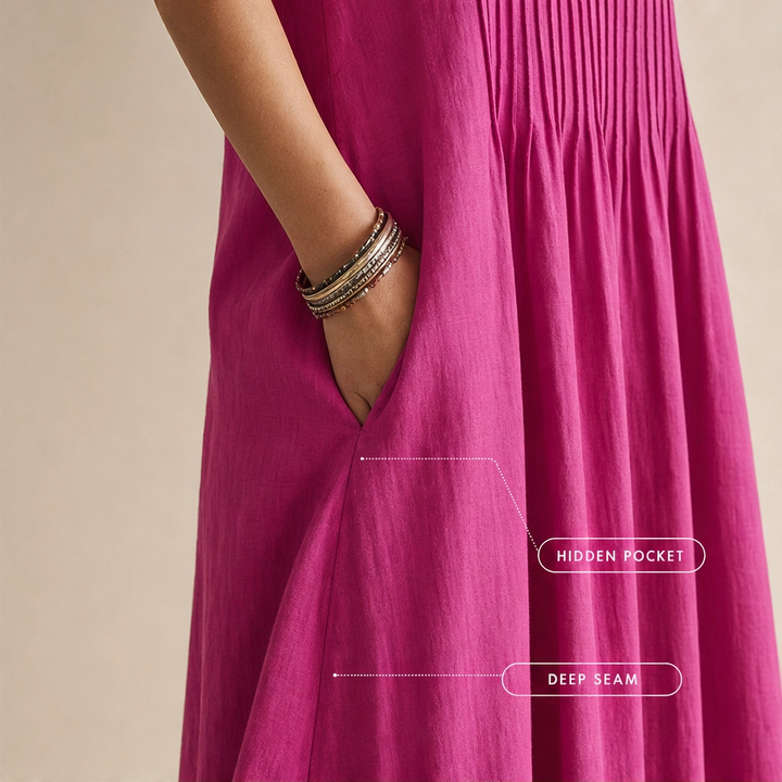 Lindelle™ – Pleated V-Neck Flowy Maxi Dress with Pockets + 50% OFF