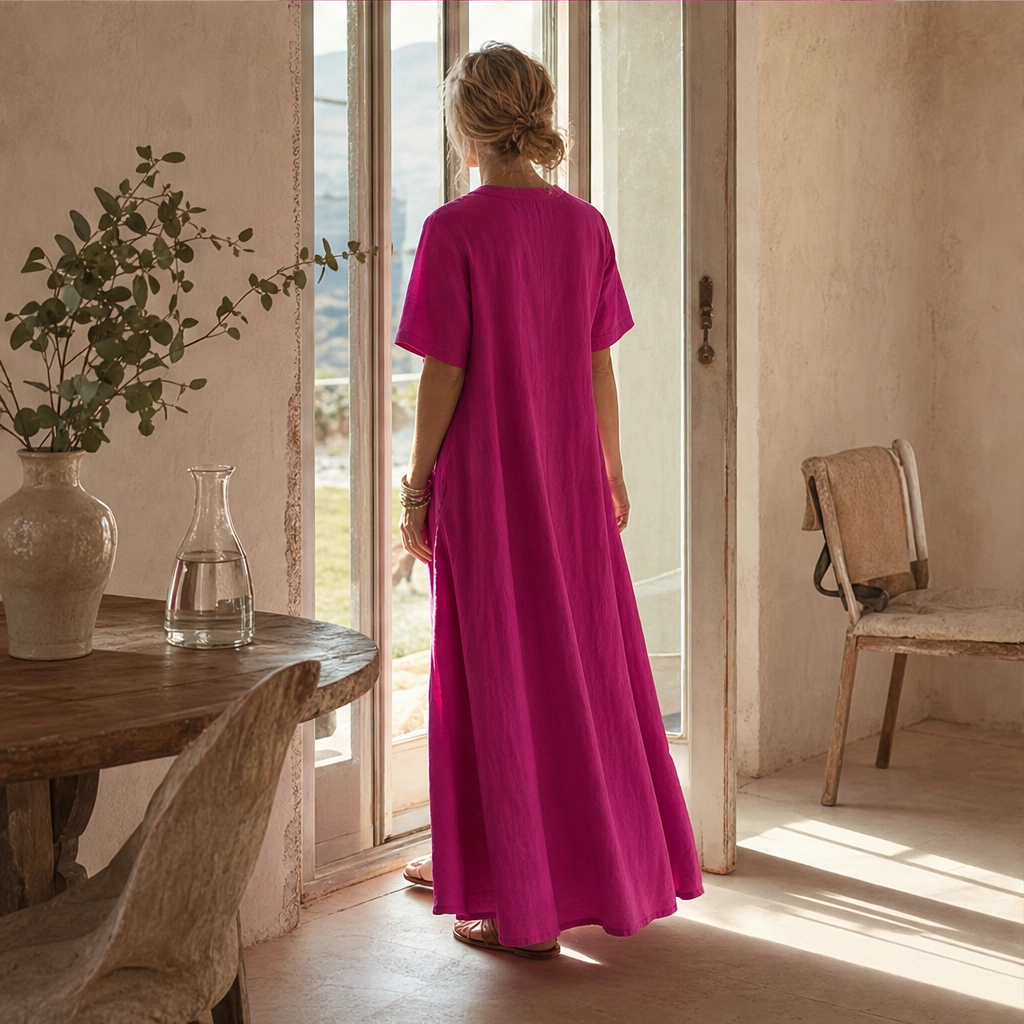 Lindelle™ – Pleated V-Neck Flowy Maxi Dress with Pockets + 50% OFF