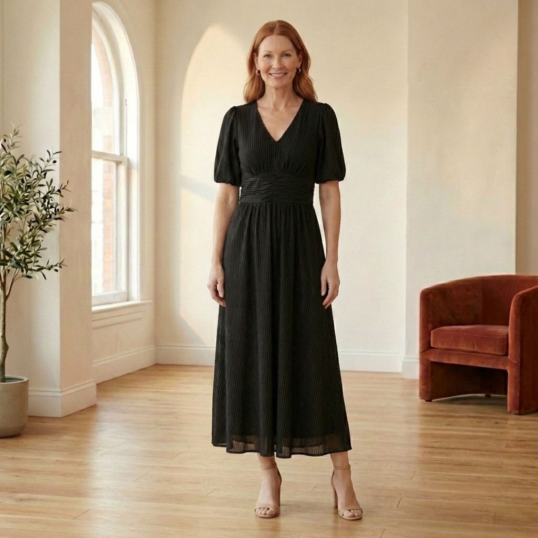 Plissé™ – Ruched Waist Puff Sleeve Midi Dress | V-Neck Flowing Fabric for Women + 50% OFF