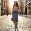 Rovella™ – High-Waist Button-Front Stretch Denim Midi Skirt + 50% OFF