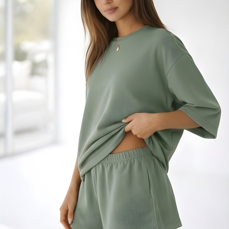 Veluna™ – Soft Oversized 3/4 Sleeve Top &amp; Elastic Waist Shorts Lounge Set + 50% OFF
