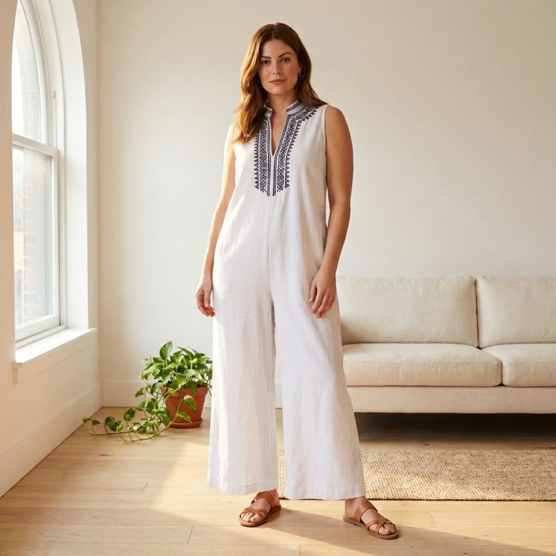 Terraveil™ – Embroidered V-Neck Cotton-Linen Wide-Leg Jumpsuit + 50% OFF