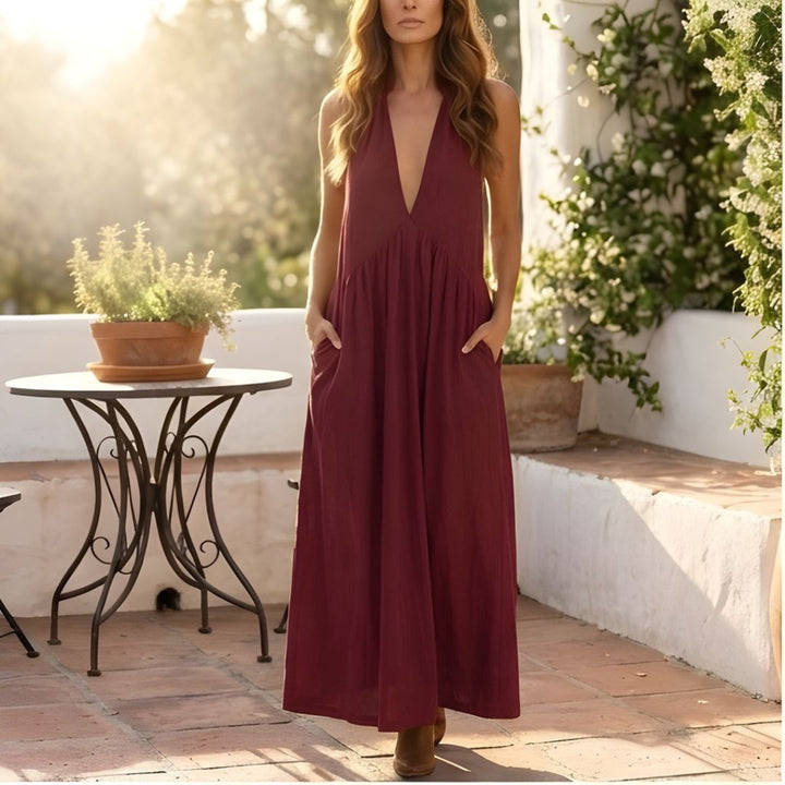 Velune™ – Ruffle Halter Deep V Maxi Dress with Pockets + 50% OFF