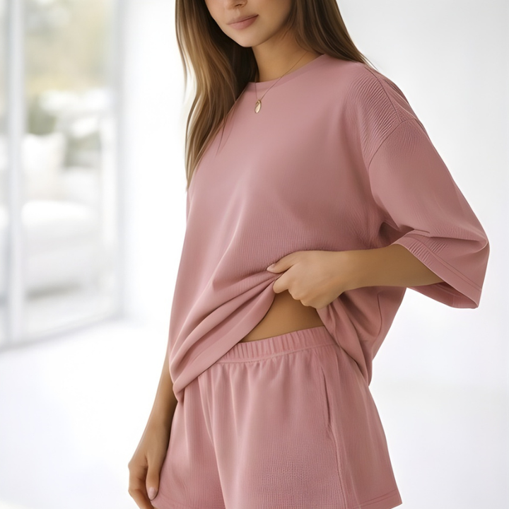 Veluna™ – Soft Oversized 3/4 Sleeve Top &amp; Elastic Waist Shorts Lounge Set + 50% OFF