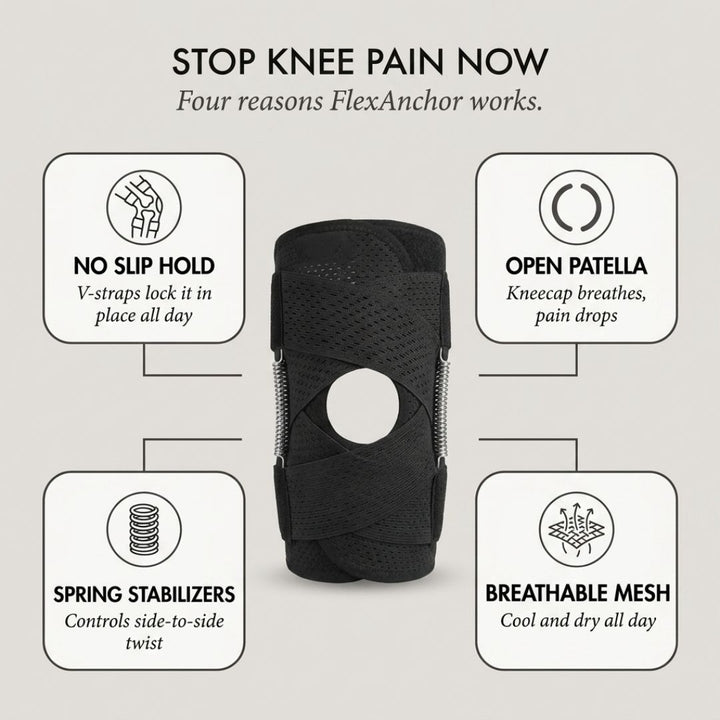 FlexAnchor™ – Open-Patella Knee Brace with V-Strap Support &amp; Spring Stabilizers + 50% OFF