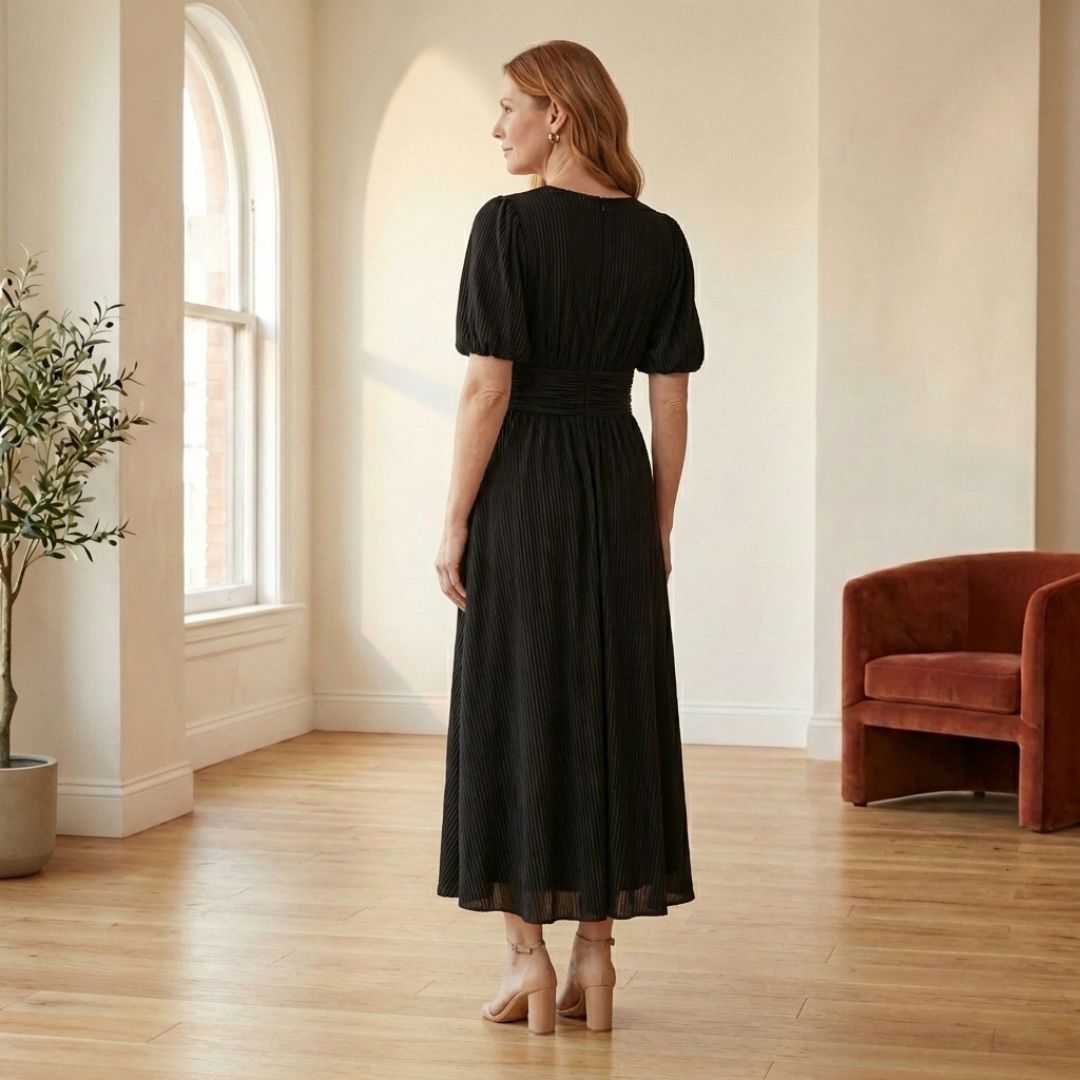 Plissé™ – Ruched Waist Puff Sleeve Midi Dress | V-Neck Flowing Fabric for Women + 50% OFF