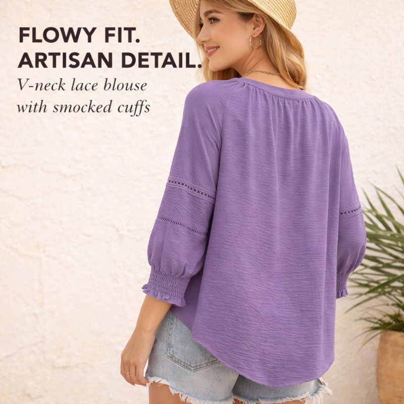 Fleurette™ – V-Neck Lace Hollow-Out Smocked Cuff Blouse + 50% OFF