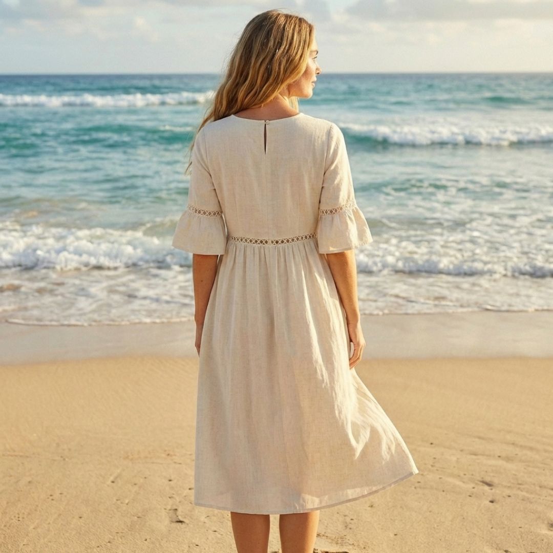Gossamer™ – Eyelet Lace Cotton Linen Midi Dress with Pockets + 50% OFF