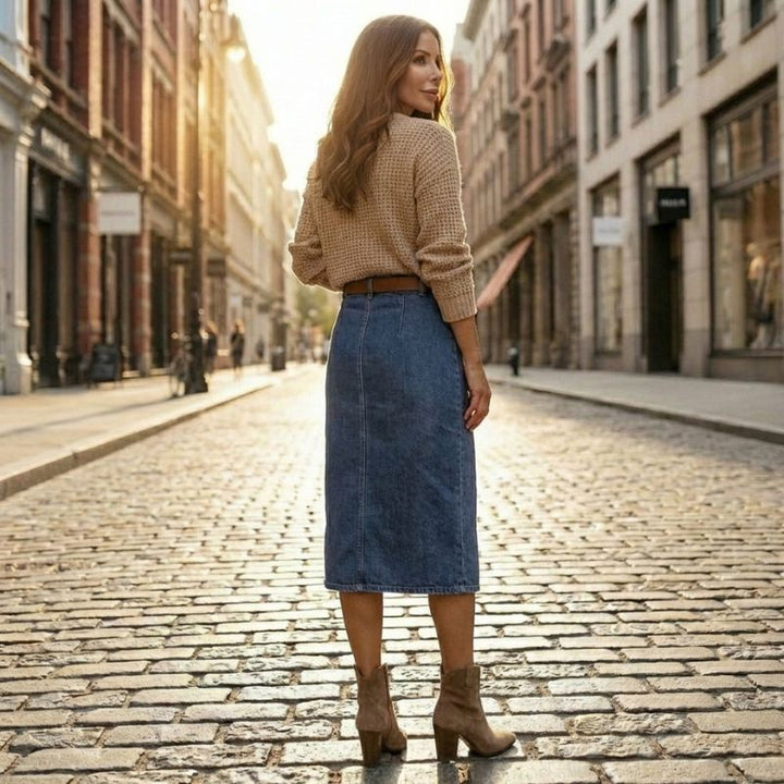Rovella™ – High-Waist Button-Front Stretch Denim Midi Skirt + 50% OFF