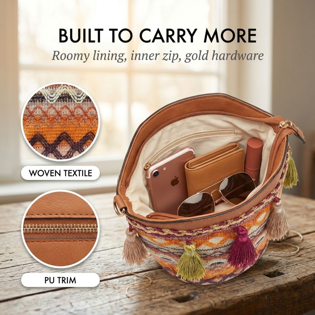 Threadwell™ – Woven Saddle Blanket Boho Tassel Crossbody Bag + 50% OFF