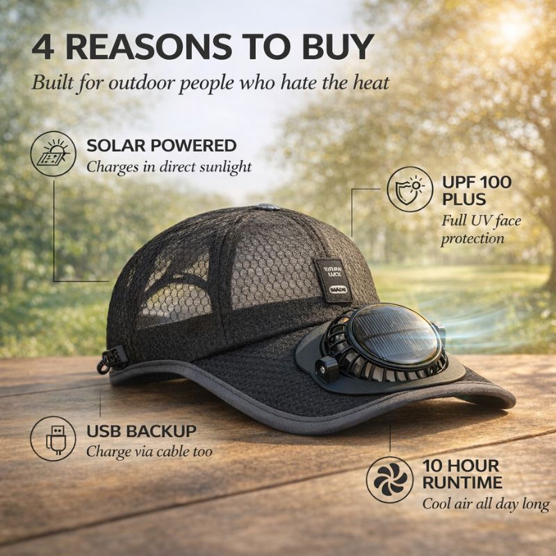 Heliowave™ – Solar-Powered Cooling Fan Baseball Cap with UPF50+ Sun Protection + 50% OFF