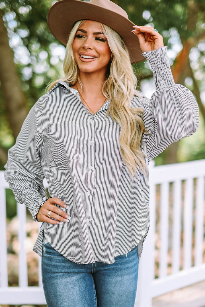 The AuraFlow Striped Lapel Shirt - Oversized Drawdown Sleeves, Mid-Length Fit, + 50% OFF