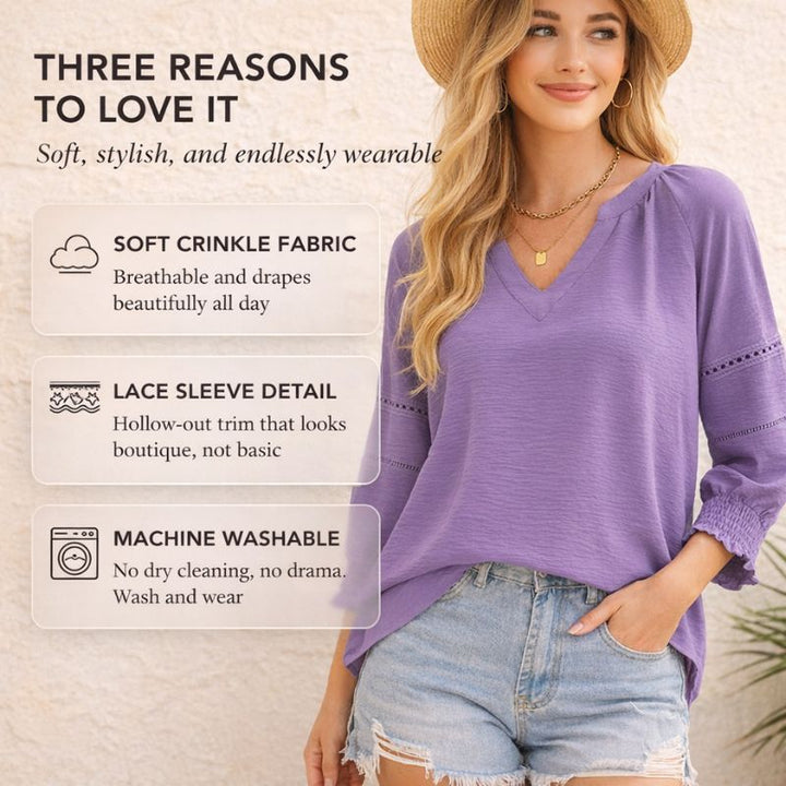 Fleurette™ – V-Neck Lace Hollow-Out Smocked Cuff Blouse + 50% OFF