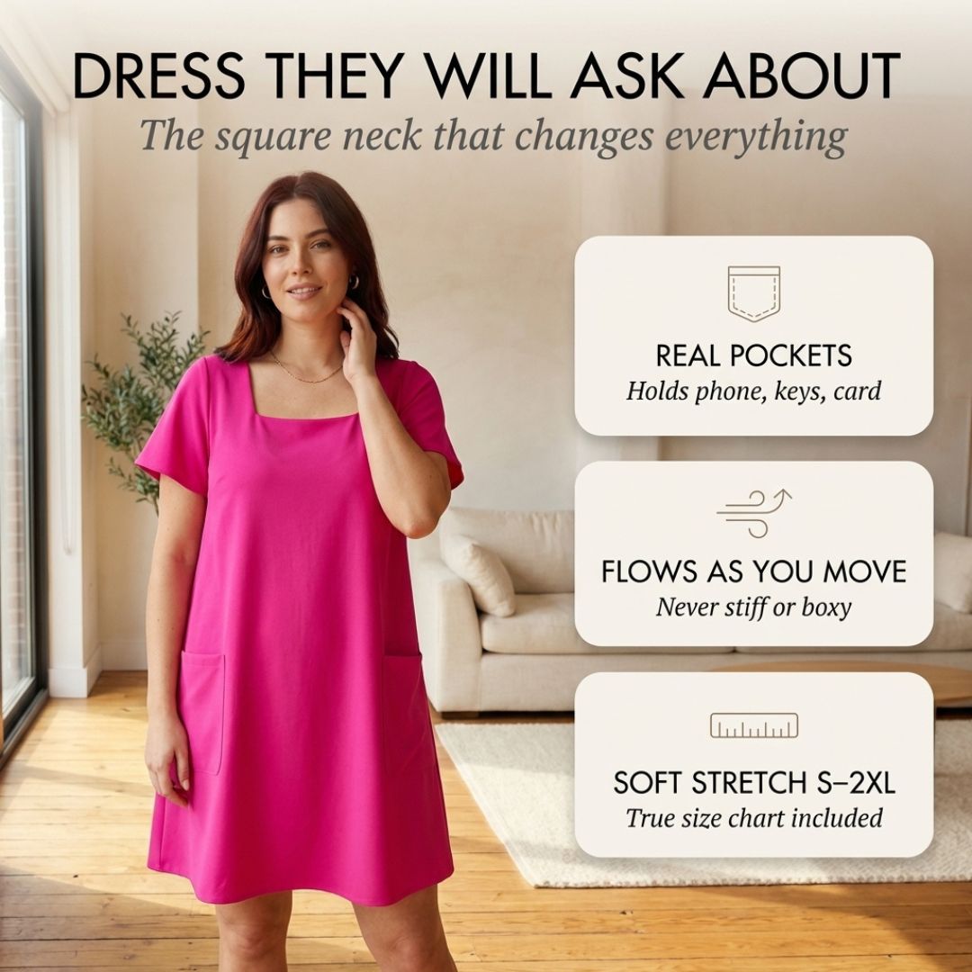 SwayForm™ – Square Neck Loose Fit Short Sleeve Mini Dress with Pockets + 50% OFF