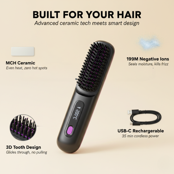 Velura™ – Cordless Ceramic Heated Hair Straightener Brush + 50% OFF